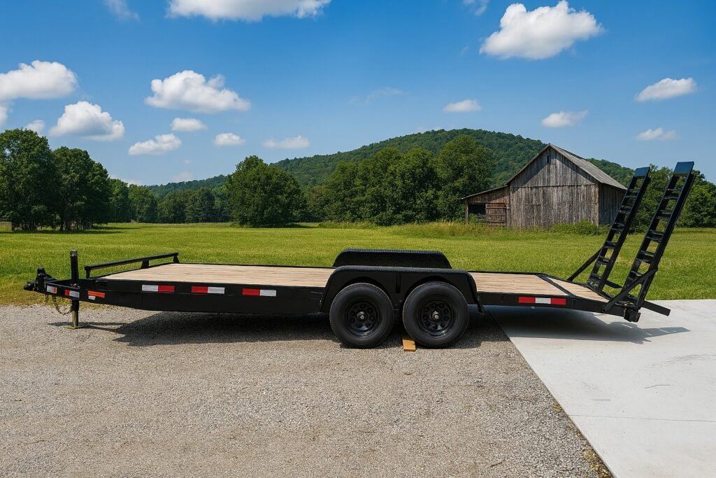 20-foot equipment trailer for hauling compact tractors and implements available for rent in Wisconsin
