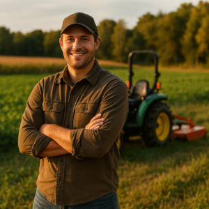 Wisconsin landowner standing by tractor in food plot
