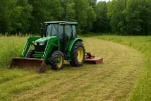 Tractor mowing overgrown field as part of habitat and land improvement services in Wisconsin