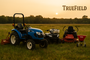 Lineup of land management rental equipment in a grassy field with TrueField Services sign in background