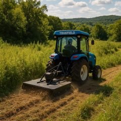 LS 242H tractor brush cutting tall grass in a Wisconsin field for land management