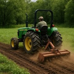 Compact utility tractor tilling a food plot on a rural Wisconsin property